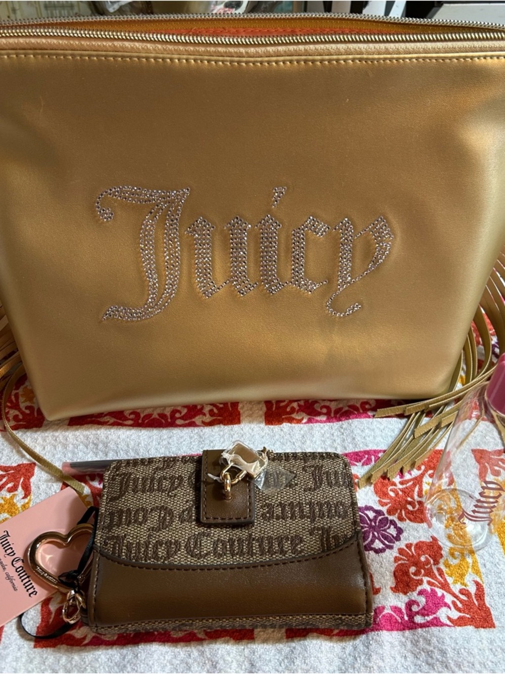 Juicy Couture Gold Cosmetic Bag with Brown Monogram Wallet